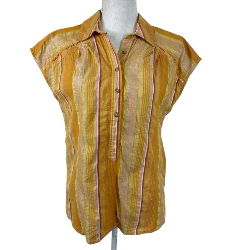 Pilcro Women's S Button‎ Popover Cap Sleeve Blouse Orange Metallic EUC